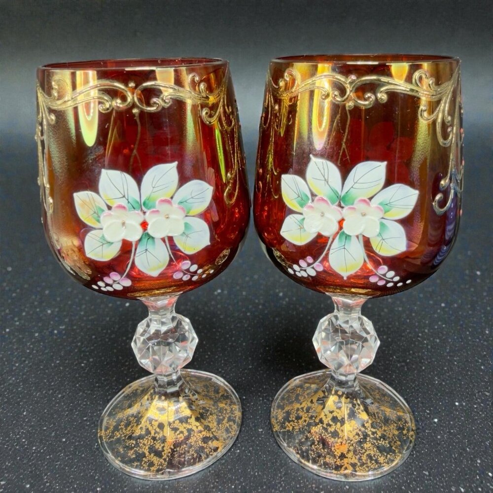 Italian Glass Cups Glasses Stemware‎ Hand Painted Venetian Raised Flowers Set 2